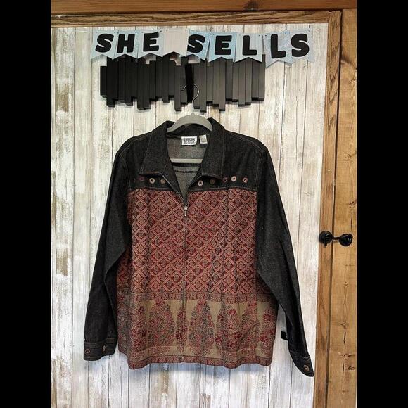 Chico's Design Denim Blazer Jacket Women's Sz 3 Embroidered Beaded Cotton & Wool - Picture 1 of 9